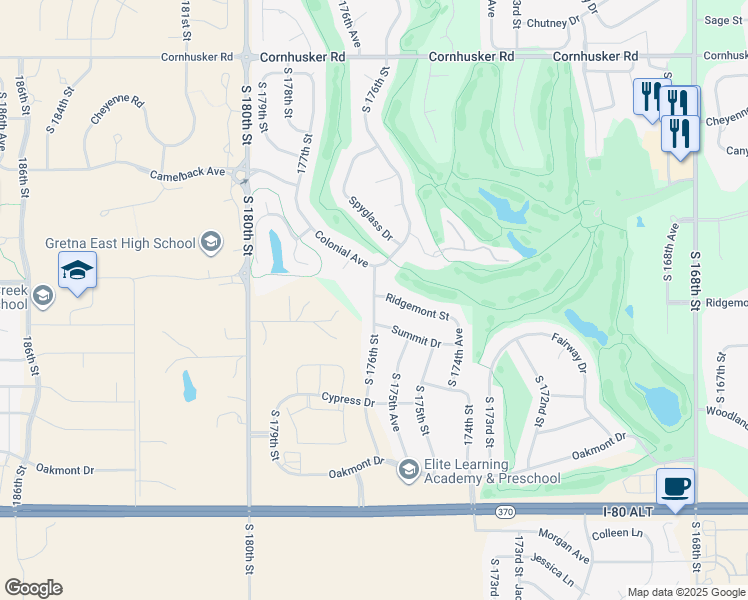 map of restaurants, bars, coffee shops, grocery stores, and more near 10820 176th Street in Omaha