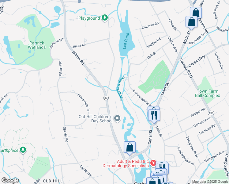 map of restaurants, bars, coffee shops, grocery stores, and more near 2 River Lane in Westport