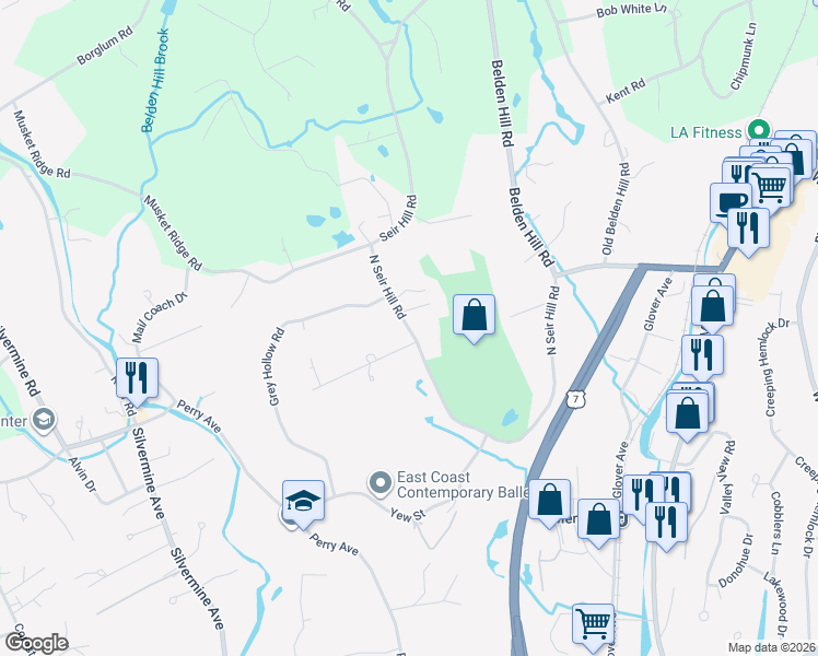 map of restaurants, bars, coffee shops, grocery stores, and more near 148 North Seir Hill Road in Norwalk