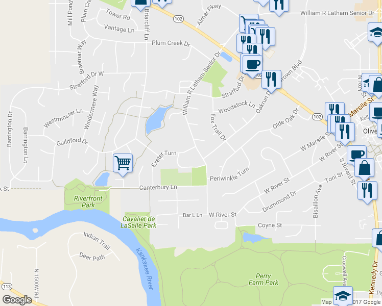map of restaurants, bars, coffee shops, grocery stores, and more near 820 Exeter Turn in Bourbonnais