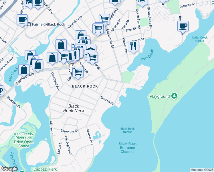 map of restaurants, bars, coffee shops, grocery stores, and more near 299 Brewster Street in Bridgeport