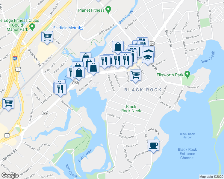 map of restaurants, bars, coffee shops, grocery stores, and more near 22 Newton Street in Bridgeport