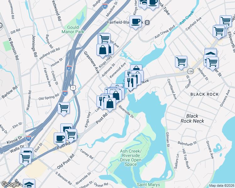 map of restaurants, bars, coffee shops, grocery stores, and more near 82 Grasmere Avenue in Fairfield