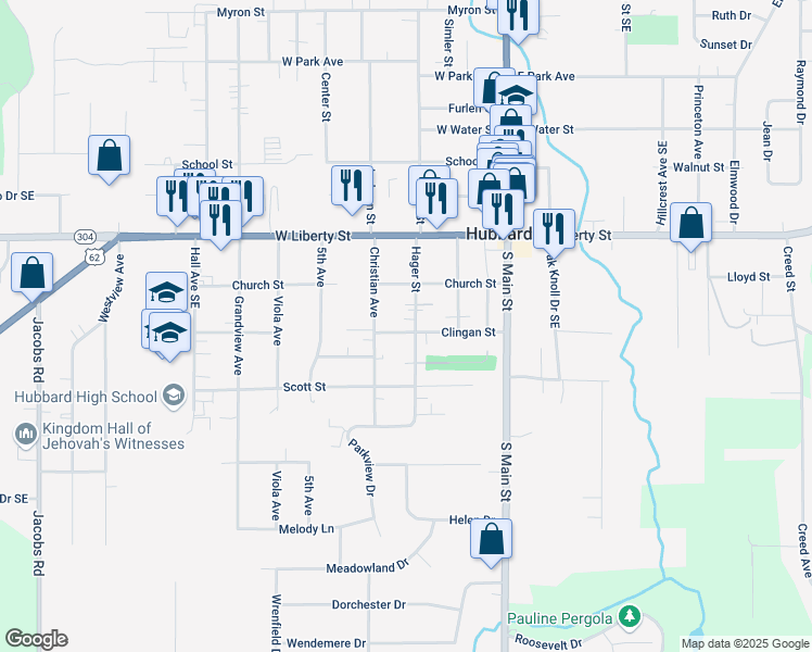 map of restaurants, bars, coffee shops, grocery stores, and more near 147 Hager Street in Hubbard