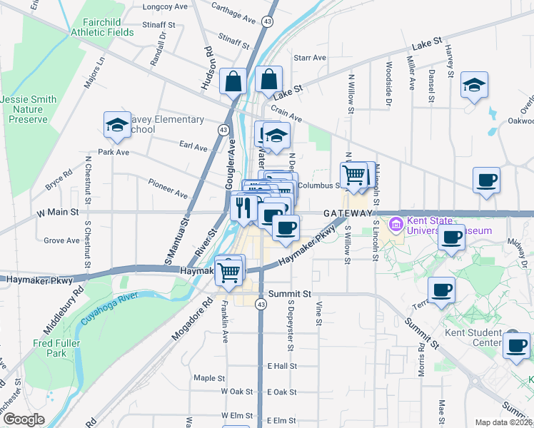 map of restaurants, bars, coffee shops, grocery stores, and more near in Kent