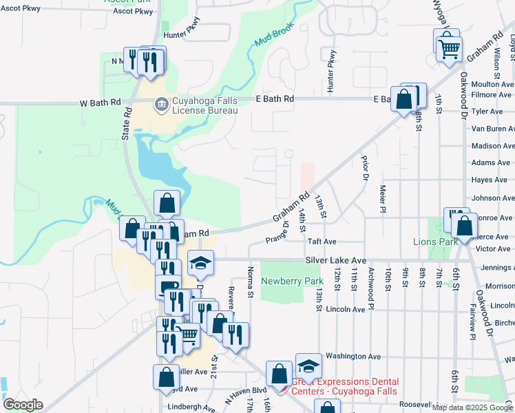 map of restaurants, bars, coffee shops, grocery stores, and more near 171 Graham Road in Cuyahoga Falls
