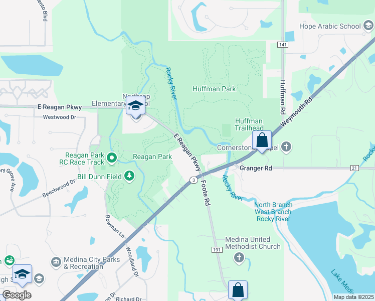 map of restaurants, bars, coffee shops, grocery stores, and more near 1095 E Reagan Pkwy in Medina
