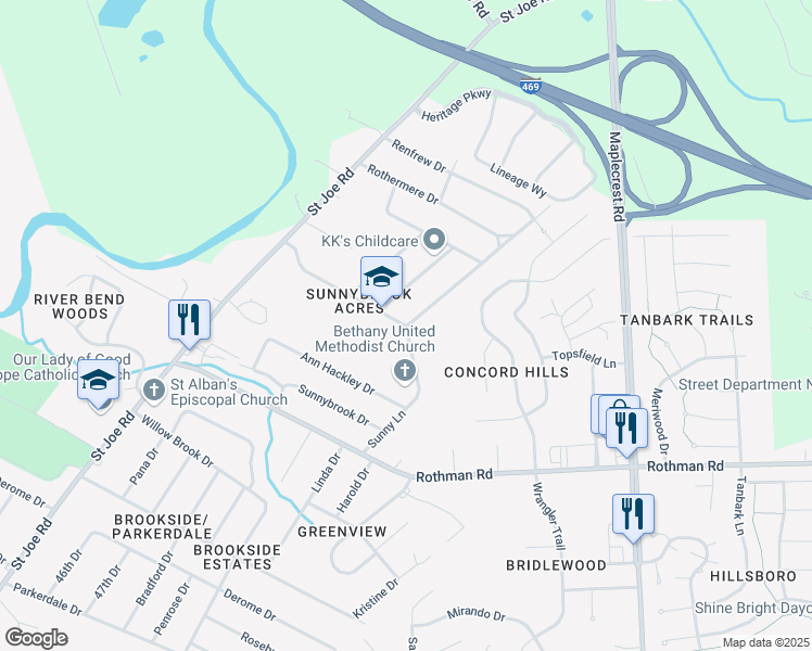 map of restaurants, bars, coffee shops, grocery stores, and more near 5399 Rebecca Street in Fort Wayne