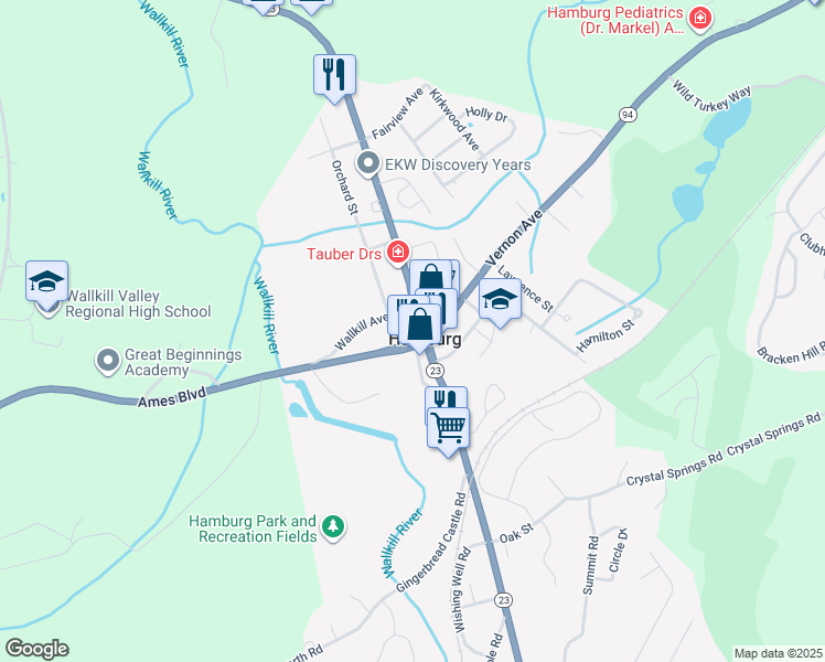 map of restaurants, bars, coffee shops, grocery stores, and more near 5 Highway 23 in Hamburg