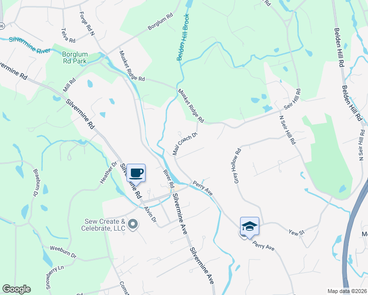 map of restaurants, bars, coffee shops, grocery stores, and more near 19 Mail Coach Drive in Norwalk