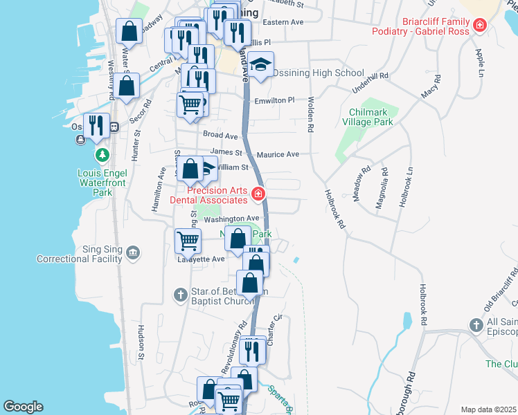 map of restaurants, bars, coffee shops, grocery stores, and more near 102 South Highland Avenue in Ossining
