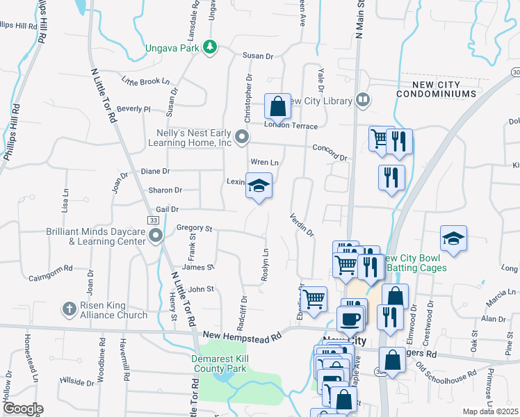 map of restaurants, bars, coffee shops, grocery stores, and more near 56 Gregory Street in New City