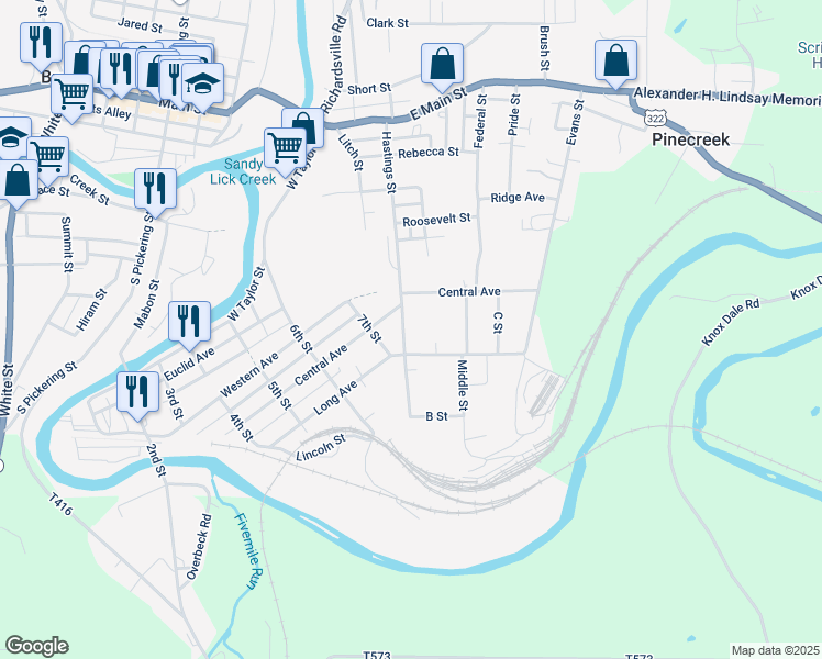 map of restaurants, bars, coffee shops, grocery stores, and more near 176 Hastings Street in Brookville