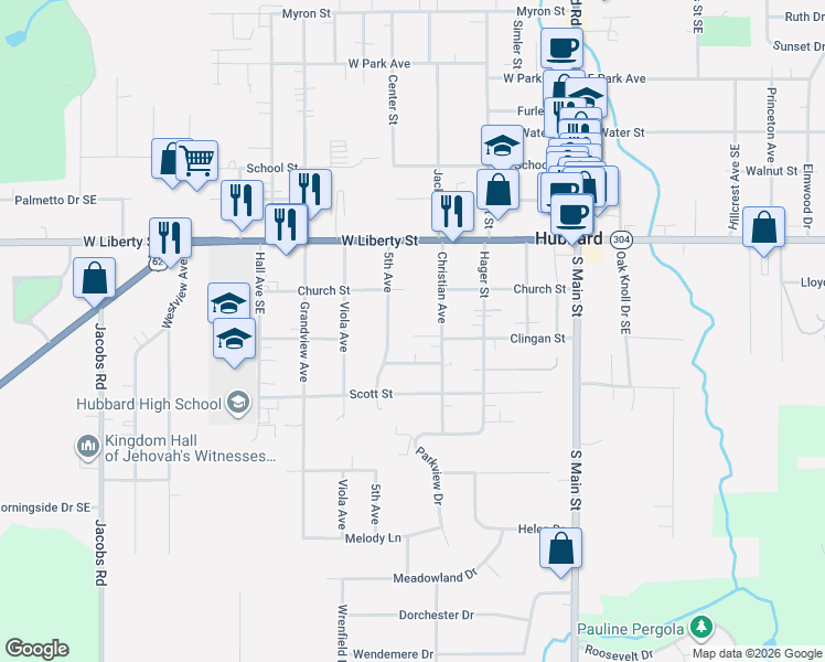 map of restaurants, bars, coffee shops, grocery stores, and more near 158 Christian Avenue in Hubbard