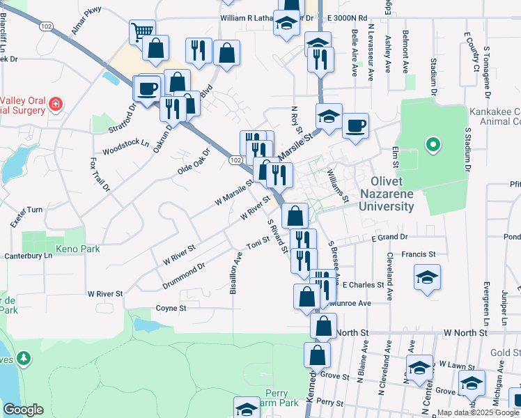 map of restaurants, bars, coffee shops, grocery stores, and more near 146 West River Street in Bourbonnais