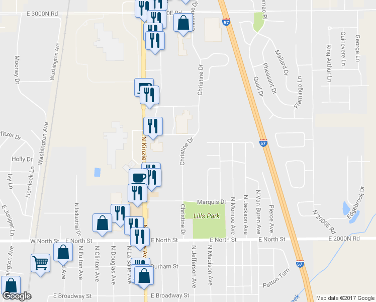 map of restaurants, bars, coffee shops, grocery stores, and more near 800 Christine Drive in Bradley