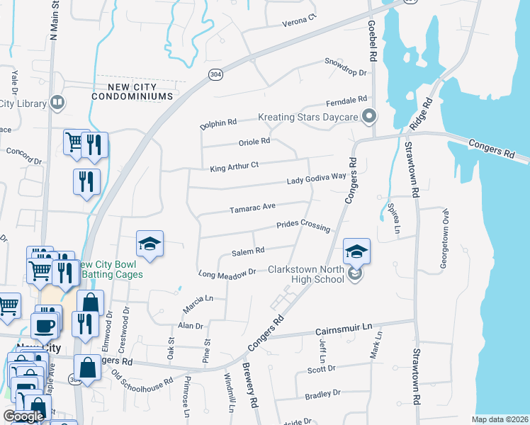 map of restaurants, bars, coffee shops, grocery stores, and more near 9 Tamarac Avenue in New City