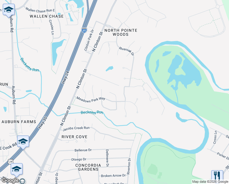 map of restaurants, bars, coffee shops, grocery stores, and more near 7902 Berryhill Court in Fort Wayne