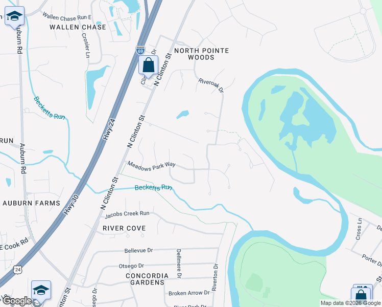 map of restaurants, bars, coffee shops, grocery stores, and more near 7902 Berryhill Court in Fort Wayne