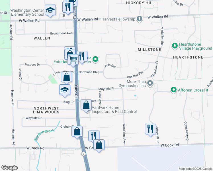 map of restaurants, bars, coffee shops, grocery stores, and more near 1334 Mayfield Rd in Fort Wayne