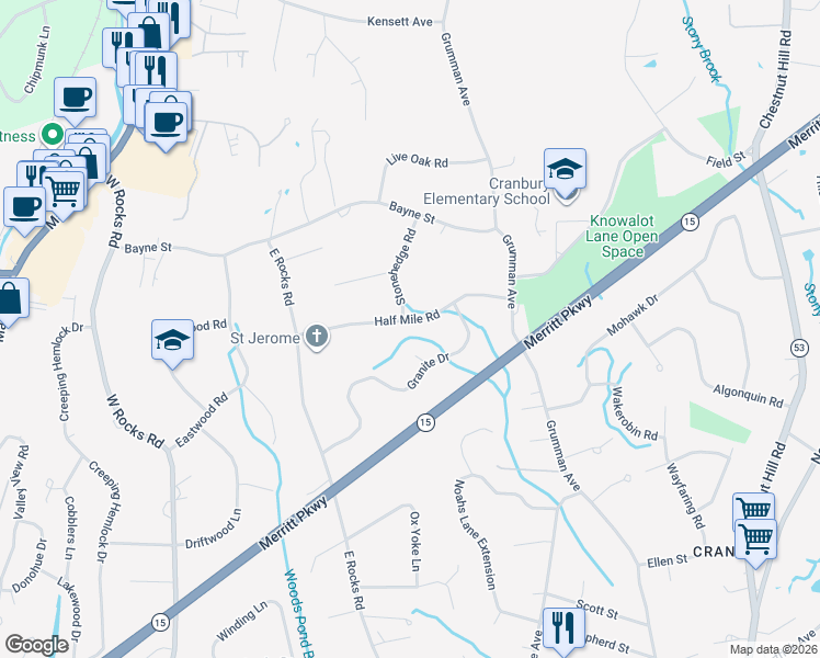map of restaurants, bars, coffee shops, grocery stores, and more near 13 Half Mile Road in Norwalk