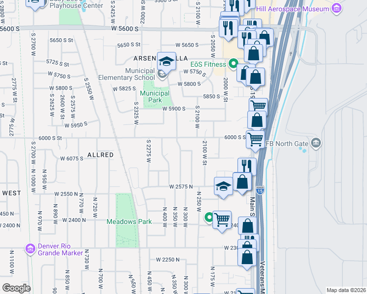 map of restaurants, bars, coffee shops, grocery stores, and more near 6032 South 2200 West in Roy