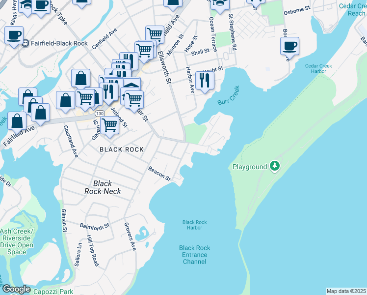 map of restaurants, bars, coffee shops, grocery stores, and more near 219 Brewster Street in Bridgeport