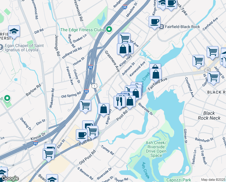 map of restaurants, bars, coffee shops, grocery stores, and more near 2029 Kings Highway in Fairfield
