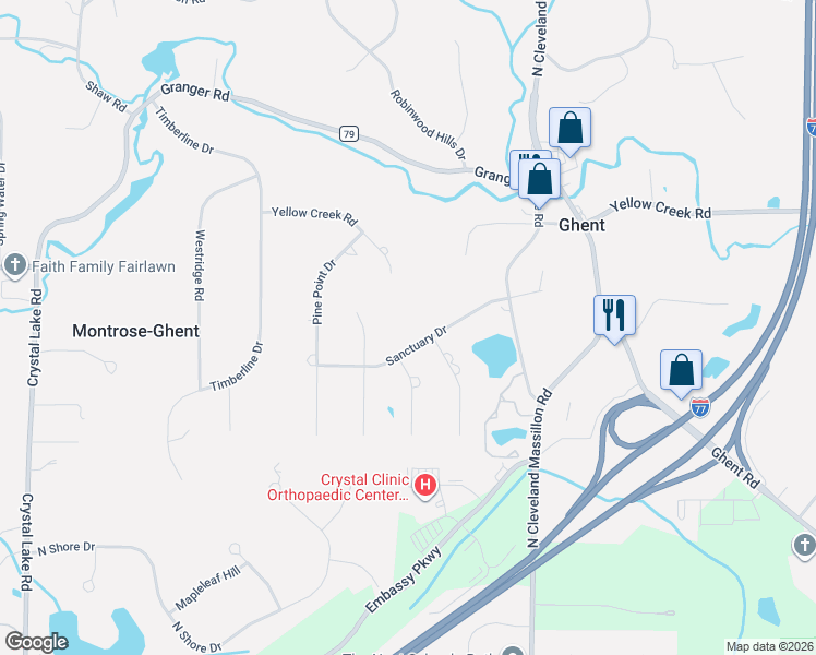 map of restaurants, bars, coffee shops, grocery stores, and more near 3665 Sanctuary Drive in Akron
