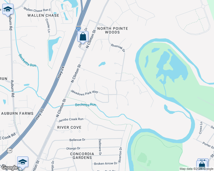 map of restaurants, bars, coffee shops, grocery stores, and more near 7902 Berryhill Court in Fort Wayne