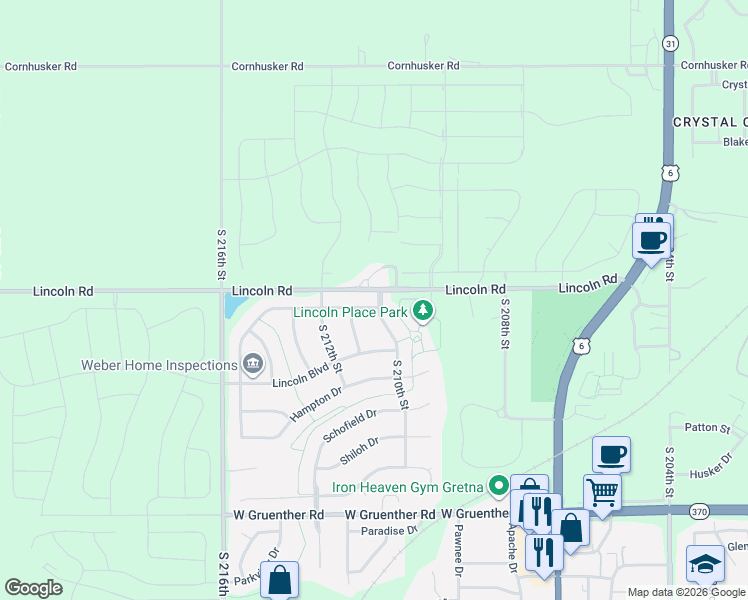 map of restaurants, bars, coffee shops, grocery stores, and more near 21012 Buchanan Parkway in Gretna