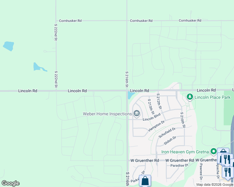 map of restaurants, bars, coffee shops, grocery stores, and more near 21816 Buchanan Parkway in Gretna