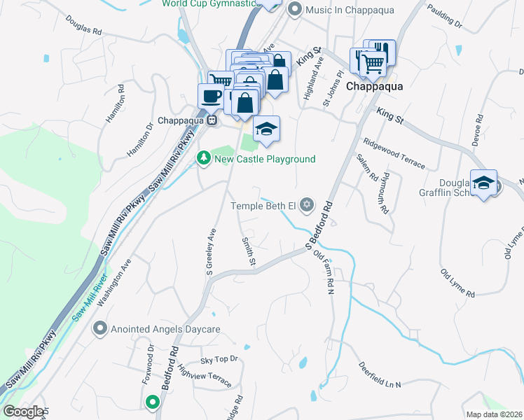 map of restaurants, bars, coffee shops, grocery stores, and more near 34 Glenside Place in Chappaqua