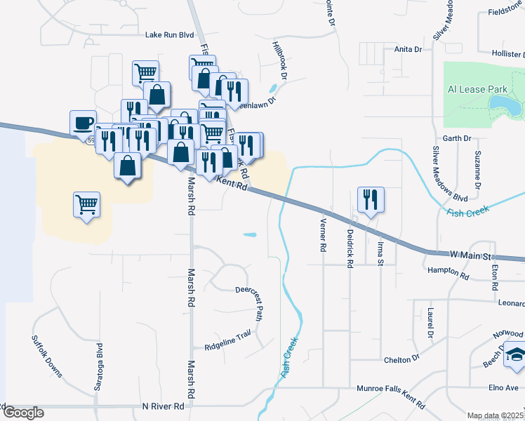 map of restaurants, bars, coffee shops, grocery stores, and more near 3586 Dayton Avenue in Kent