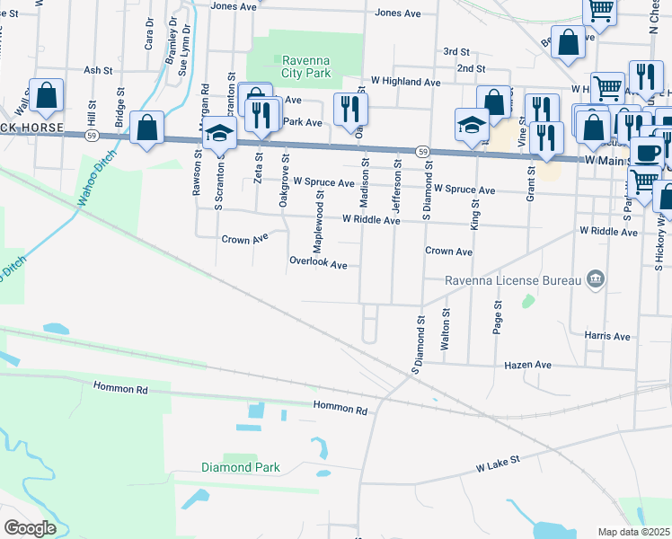 map of restaurants, bars, coffee shops, grocery stores, and more near 871 Overlook Avenue in Ravenna