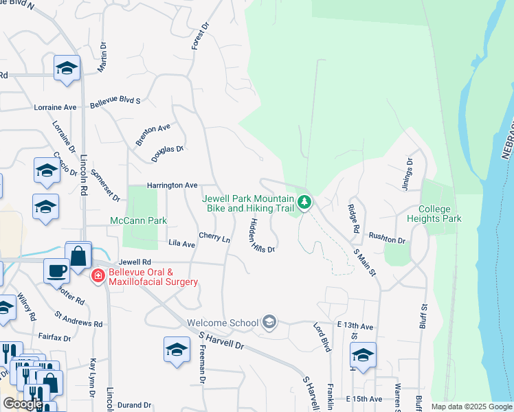 map of restaurants, bars, coffee shops, grocery stores, and more near 843 Hidden Hills Drive in Bellevue