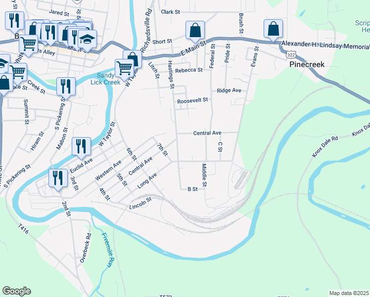 map of restaurants, bars, coffee shops, grocery stores, and more near 176 Hastings Street in Brookville