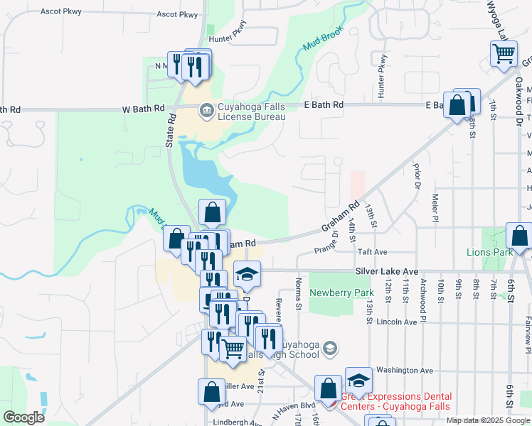 map of restaurants, bars, coffee shops, grocery stores, and more near 75 Graham Road in Cuyahoga Falls
