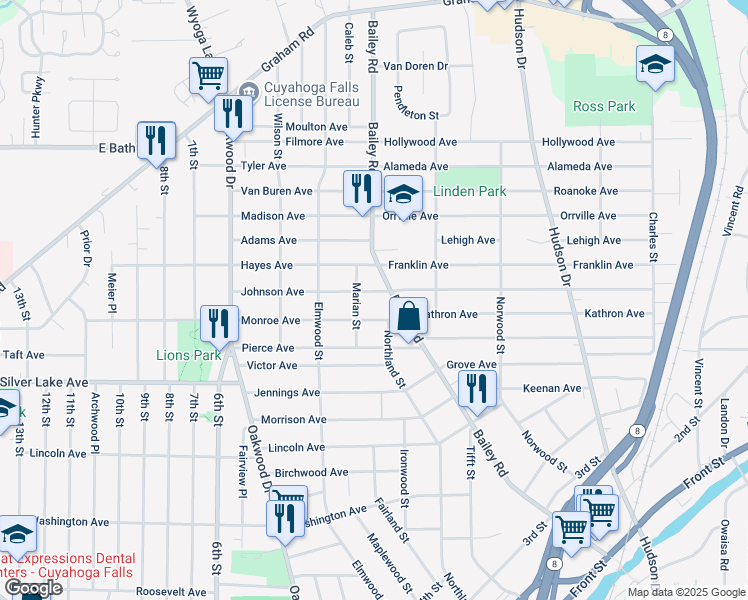map of restaurants, bars, coffee shops, grocery stores, and more near 3044 Bailey Road in Cuyahoga Falls
