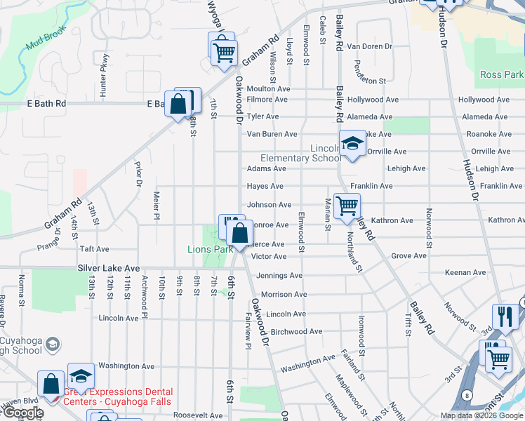 map of restaurants, bars, coffee shops, grocery stores, and more near 260 Johnson Avenue in Cuyahoga Falls