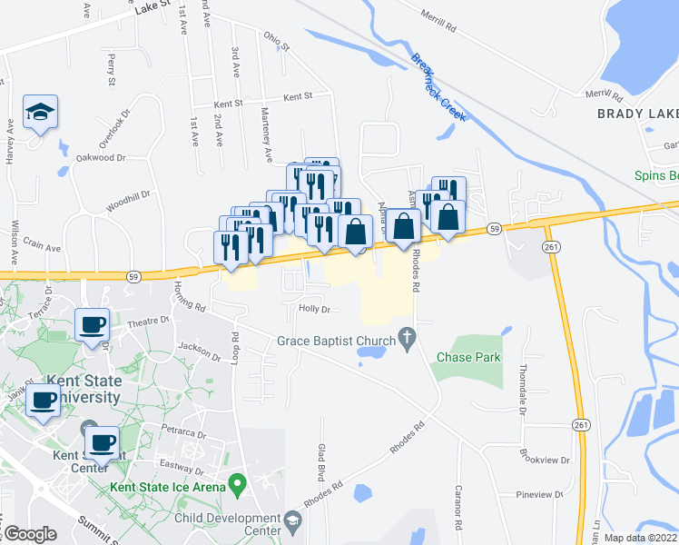 map of restaurants, bars, coffee shops, grocery stores, and more near 1720 East Main Street in Kent