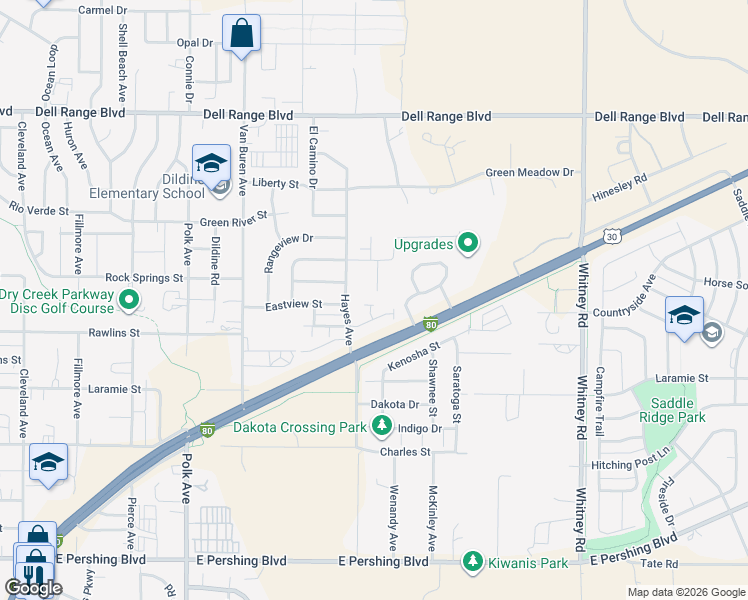 map of restaurants, bars, coffee shops, grocery stores, and more near 4000 Golden Court in Cheyenne