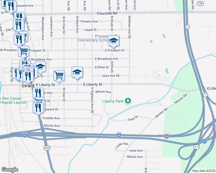 map of restaurants, bars, coffee shops, grocery stores, and more near 463 East Liberty Street in Youngstown