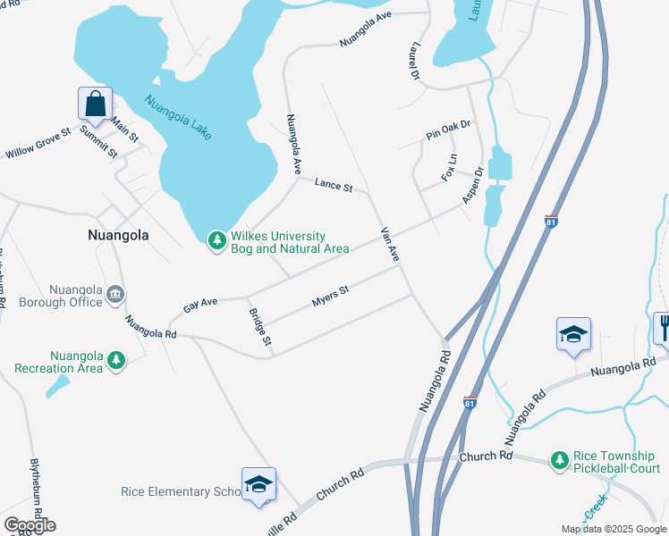 map of restaurants, bars, coffee shops, grocery stores, and more near 30 Ridge Street in Nuangola