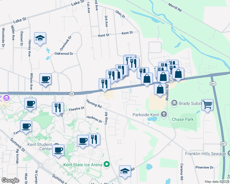 map of restaurants, bars, coffee shops, grocery stores, and more near 1638 East Main Street in Kent