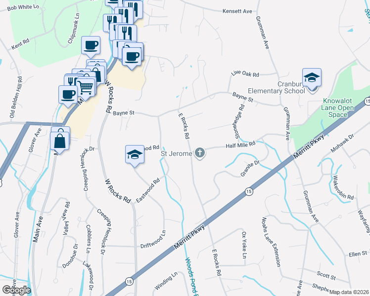 map of restaurants, bars, coffee shops, grocery stores, and more near 233 East Rocks Road in Norwalk