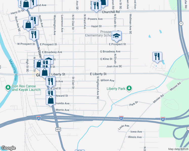 map of restaurants, bars, coffee shops, grocery stores, and more near 337 East Liberty Street in Girard