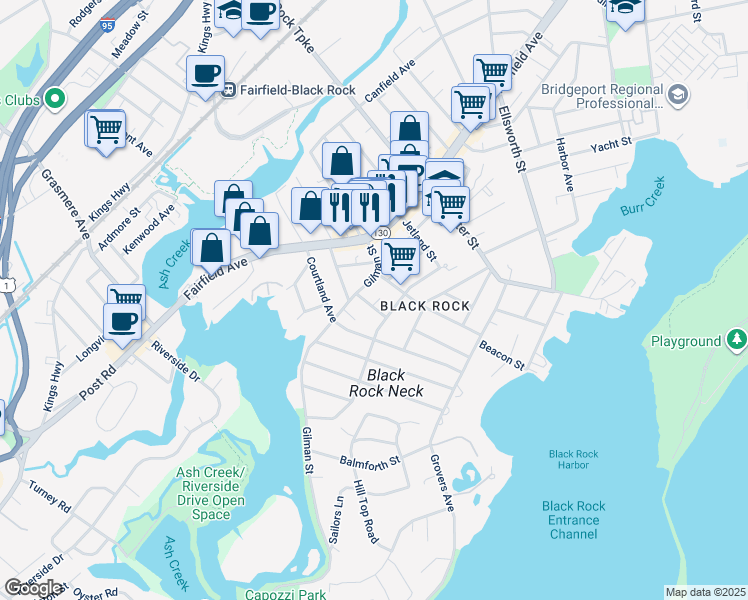 map of restaurants, bars, coffee shops, grocery stores, and more near 46 Garden Terrace in Bridgeport