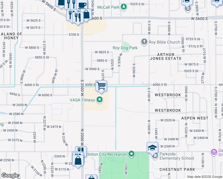 map of restaurants, bars, coffee shops, grocery stores, and more near 3301 West 6000 South in Roy
