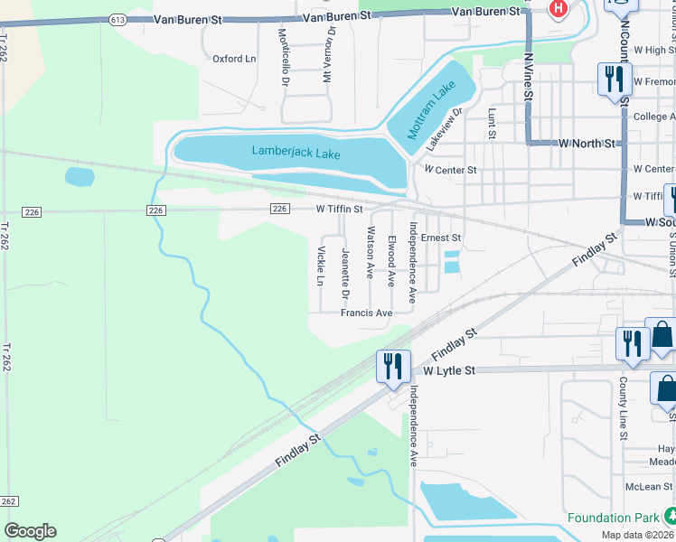 map of restaurants, bars, coffee shops, grocery stores, and more near 213 Jeanette Drive in Fostoria